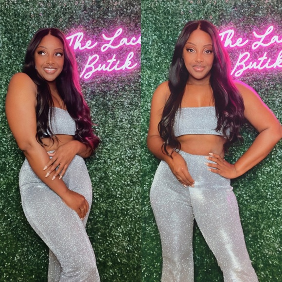 Glittery 2 Piece Set Flare Pants Crop Top - Picture 5 of 5